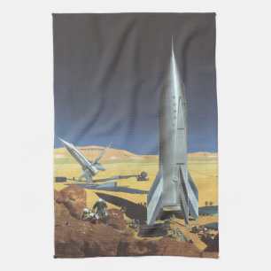Vintage Science Fiction Desert Planet with Rockets Kitchen Towel