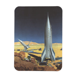 Vintage Science Fiction Desert Planet with Rockets Magnet
