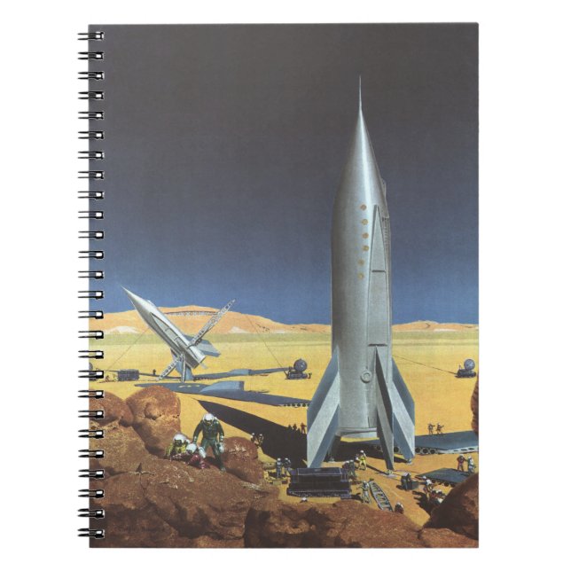 Vintage Science Fiction Desert Planet with Rockets Notebook (Front)