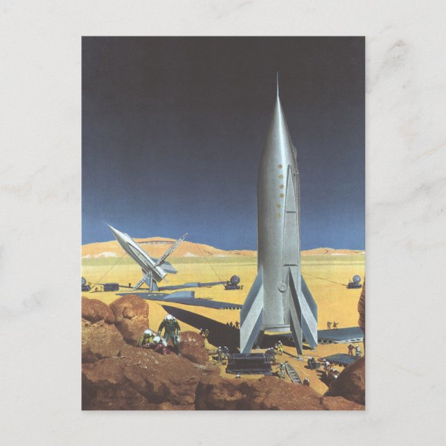 Vintage Science Fiction Desert Planet with Rockets Postcard (Front)