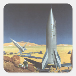 Vintage Science Fiction Desert Planet with Rockets Square Sticker