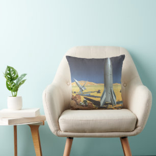 Vintage Science Fiction Desert Planet with Rockets Throw Pillow