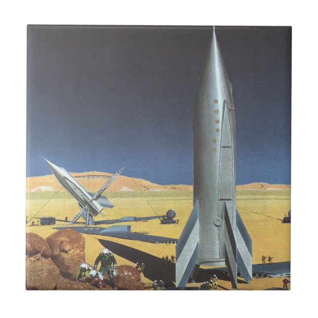 Vintage Science Fiction Desert Planet with Rockets Tile (Front)