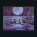 Vintage Science Fiction Earth Rover Aliens on Moon Postcard<br><div class="desc">Vintage illustration futuristic aliens and robots science fiction image featuring a classic 50s comic book design. Retro sci fi design with alien astronauts on a foreign planet with a space vehicle, lunar or moon rover and looking up at the Earth and outer space and waving. A dark sky with bright...</div>
