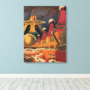 Vintage Science Fiction Futuristic City Flying Car Canvas Print