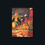 Vintage Science Fiction Futuristic City Flying Car Canvas Print<br><div class="desc">Vintage illustration travel and transportation science fiction image featuring a classic comic book retro sci fi urban setting with a city of the future. The architectural buildings are shaped like cones and vehicles are flying in the sky like birds while crowds of people are moving through the metropolis.</div>