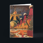 Vintage Science Fiction Futuristic City Flying Car Card<br><div class="desc">Vintage illustration travel and transportation science fiction image featuring a classic comic book retro sci fi urban setting with a city of the future. The architectural buildings are shaped like cones and vehicles are flying in the sky like birds while crowds of people are moving through the metropolis.</div>