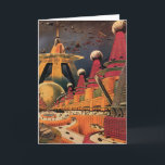Vintage Science Fiction Futuristic City Flying Car Card<br><div class="desc">Vintage illustration travel and transportation science fiction image featuring a classic comic book retro sci fi urban setting with a city of the future. The architectural buildings are shaped like cones and vehicles are flying in the sky like birds while crowds of people are moving through the metropolis.</div>