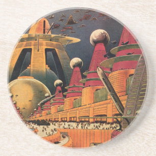 Vintage Science Fiction Futuristic City Flying Car Coaster