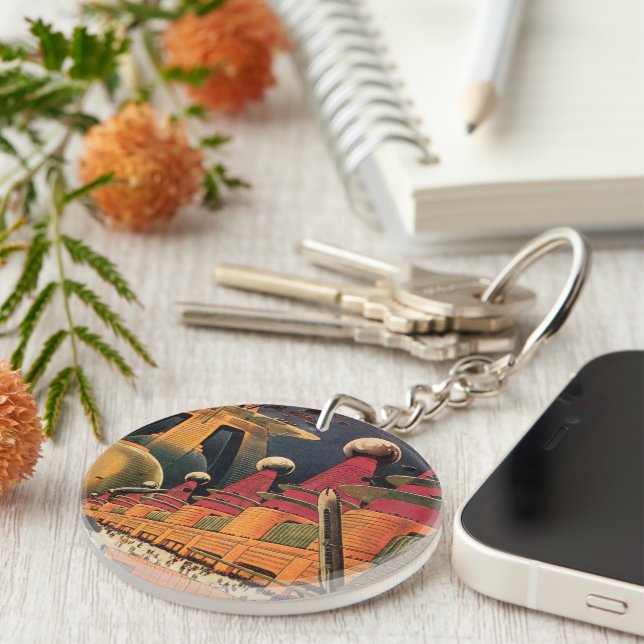 Vintage Science Fiction Futuristic City Flying Car Keychain (Front Right)