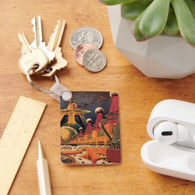 Vintage Science Fiction Futuristic City Flying Car Keychain (Desk)