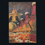 Vintage Science Fiction Futuristic City Flying Car Kitchen Towel<br><div class="desc">Vintage illustration travel and transportation science fiction image featuring a classic comic book retro sci fi urban setting with a city of the future. The architectural buildings are shaped like cones and vehicles are flying in the sky like birds while crowds of people are moving through the metropolis.</div>