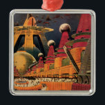 Vintage Science Fiction Futuristic City Flying Car Metal Ornament<br><div class="desc">Vintage illustration travel and transportation science fiction image featuring a classic comic book retro sci fi urban setting with a city of the future. The architectural buildings are shaped like cones and vehicles are flying in the sky like birds while crowds of people are moving through the metropolis.</div>