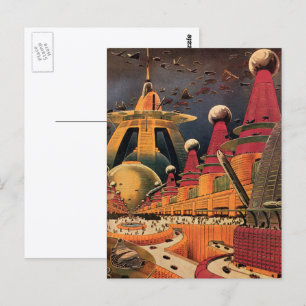 Vintage Science Fiction Futuristic City Flying Car Postcard
