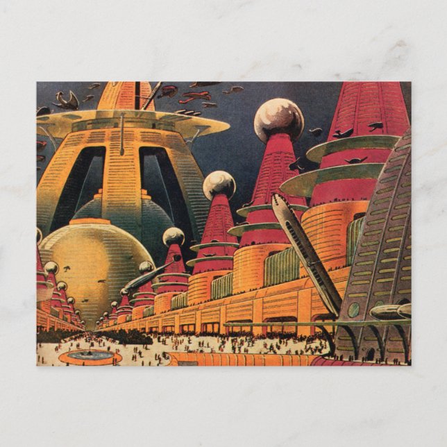 Vintage Science Fiction Futuristic City Flying Car Postcard (Front)