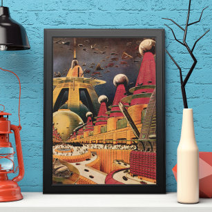Vintage Science Fiction Futuristic City Flying Car Poster