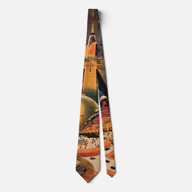 Vintage Science Fiction Futuristic City Flying Car Tie (Front)