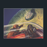 Vintage Science Fiction, Futuristic City on Moon Postcard<br><div class="desc">Vintage illustration travel and transportation science fiction image featuring a classic comic book retro sci fi outer space and planets image of astronauts or aliens travelling in a spaceship flying over a futuristic metropolis on the moon.</div>