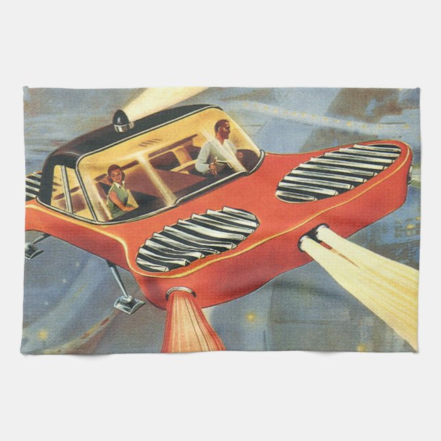 Vintage Science Fiction Futuristic Flying Car Kitchen Towel (Horizontal)