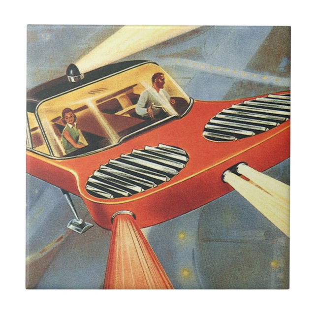 Vintage Science Fiction Futuristic Flying Car Tile (Front)