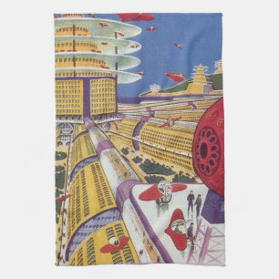 Vintage Science Fiction, Futuristic New York City Kitchen Towel