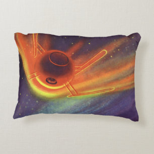 Vintage Science Fiction, Glowing Rocket in Space Accent Pillow