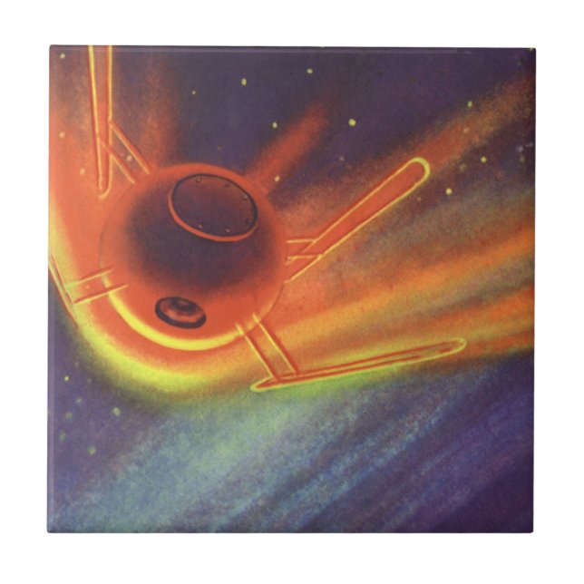 Vintage Science Fiction, Glowing Rocket in Space Tile (Front)