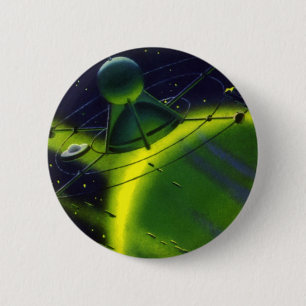 Vintage Science Fiction Green Planet w Spaceship 2 Inch Round Button