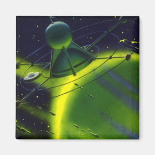 Vintage Science Fiction Green Planet w Spaceship Magnet