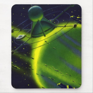 Vintage Science Fiction Green Planet w Spaceship Mouse Pad