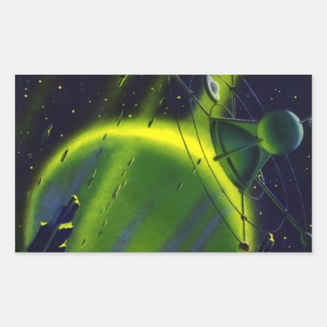 Vintage Science Fiction Green Planet w Spaceship Sticker (Front)