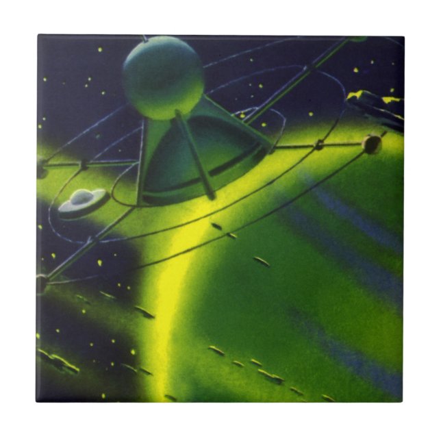 Vintage Science Fiction Green Planet w Spaceship Tile (Front)