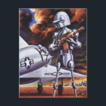 Vintage Science Fiction Military Robot Soldiers Postcard<br><div class="desc">Vintage illustration futuristic Science Fiction military robot image. A hostile alien soldier holding a rifle gun and standing in front of a military aircraft or airplane with a star. He is on a desolate planet ready to go to war with smoke, fire and explosions. Time to battle and fight the...</div>