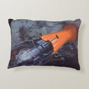 Vintage Science Fiction, Moon Rocket Blasting Off Accent Pillow