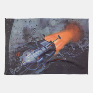 Vintage Science Fiction, Moon Rocket Blasting Off Kitchen Towel