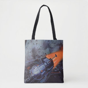 Vintage Science Fiction, Moon Rocket Blasting Off Tote Bag