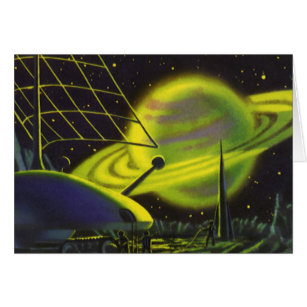 Vintage Science Fiction Neon Green Planet w Rings