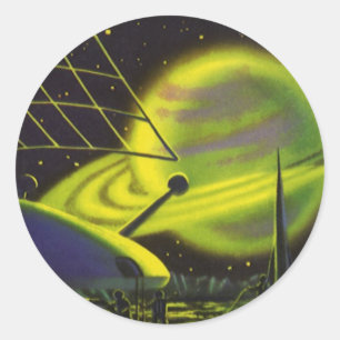 Vintage Science Fiction Neon Green Planet w Rings Classic Round Sticker
