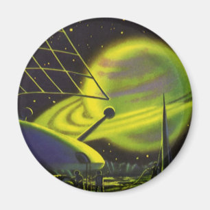 Vintage Science Fiction Neon Green Planet w Rings Magnet