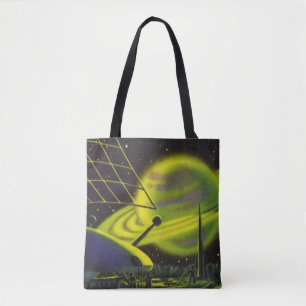 Vintage Science Fiction Neon Green Planet w Rings Tote Bag