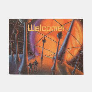 Vintage Science Fiction, Orange Sun and Aliens Doormat