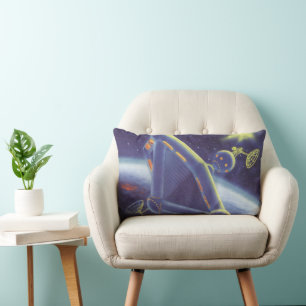 Vintage Science Fiction Orbiting Space Station Lumbar Pillow