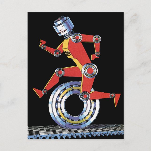 Vintage Science Fiction Robot Running with Wheel Postcard (Front)
