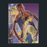 Vintage Science Fiction Robot with Laser Beam Eyes Postcard<br><div class="desc">Vintage illustration futuristic Science Fiction laboratory image. A retro 50s sci fi comic book design with a giant robot shooting laser beams from his eyes trying to get at the miniature scientist with a gun trapped in a glass jar in the lab.</div>