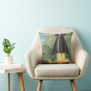 Vintage Science Fiction, Rocket Blasting Off Earth Throw Pillow