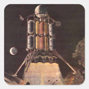 Vintage Science Fiction Rocket Blasting Off Planet Square Sticker