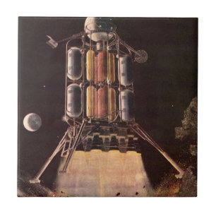 Vintage Science Fiction Rocket Blasting Off Planet Tile
