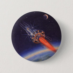 Vintage Science Fiction Rocket in Space over Earth 2 Inch Round Button