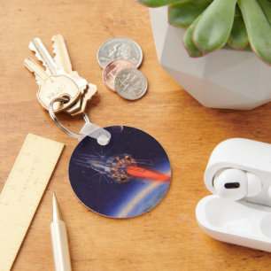 Vintage Science Fiction Rocket in Space over Earth Keychain