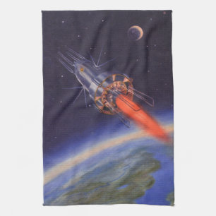 Vintage Science Fiction Rocket in Space over Earth Kitchen Towel
